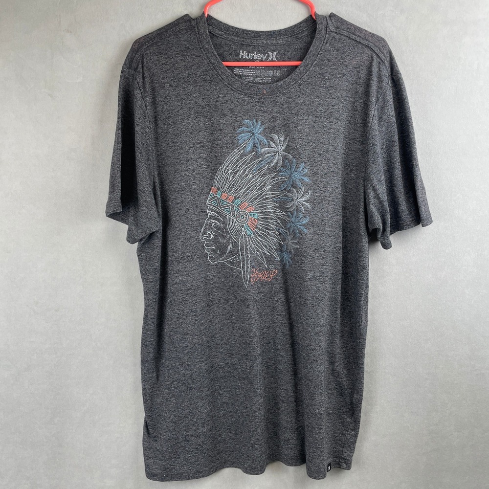 Hurley Mens L Charcoal Heather Graphic Tee Chief Headdress Shirt Surf Y2K RARE